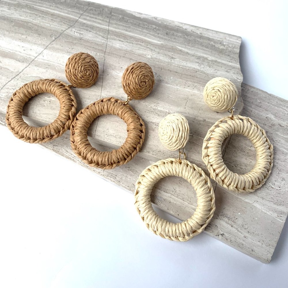 New ~ Anthropologie Natural Woven Raffia Hoop Earrings - Picture 5 of 8